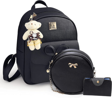 Aogist Mini Leather Backpack Purse 3-Pieces Fashion Bowknot Zipper Bags Cute Casual Travel Daypacks for Girls and Women (Black)