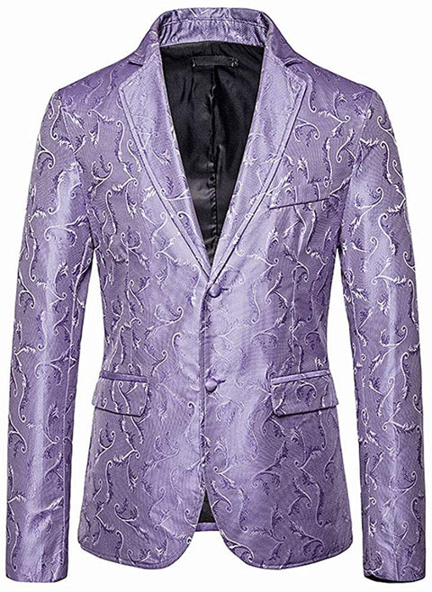 Men's Printed Embroidery Relaxed Breasted Two Button Blazer Casual Notched Lapel Party Stylish Coat