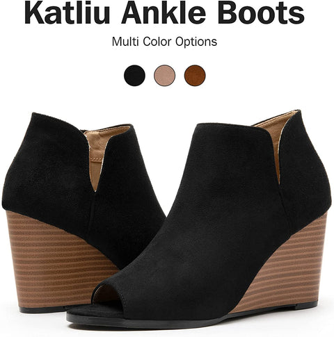 Katliu Women's Wedge Heel Booties Peep Toe Ankle Boots Side Zipper Suede Ankle Boots