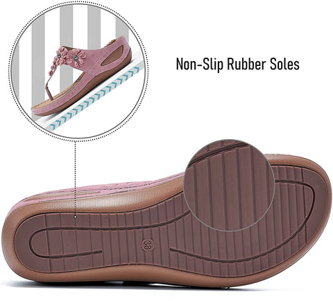 Womens Wedge Flip Flops Sandals with Arch Support Summer Comfortable Platform Bohemia Flat Shoes Massage Function Casual Thong Sandal