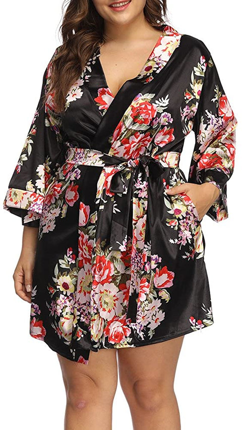 Plus Size Robes for Women Wrap Floral Print Satin Sleep Lounge Kimono Robe