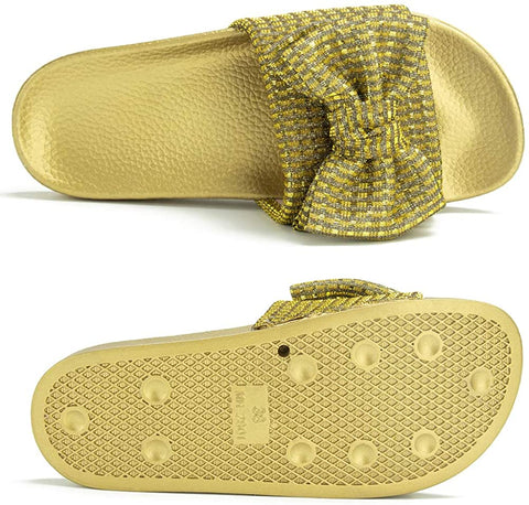 Comfort Flat Sandals for Women Cute Glitter Bow Casual Beach Slip On Dress Shoes Fashion Platform Footbed Slide Slippers Open Toe
