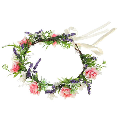 Leaf Flower Crown Garland Headpiece - Handmade Hair Garland Floral Wreath Adjusatble Flower Headbands for Bridal Wedding Festival Party Flower Leaves Crown (Pink + White)
