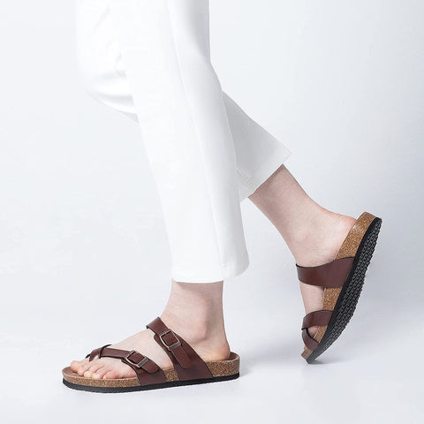 mysoft Women's Cork Footbed Sandal Slip On, Double Buckle Slide Sandals with +Comfort Arch Support