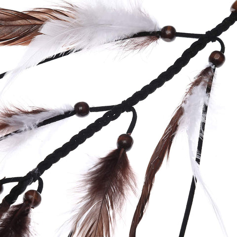 Hippie Feather Extension Hair Ties - AWAYTR Boho Feather Crown Elastic Gypsy Festival Headband Indian Hair Accessories 1970s (White + dark brown)