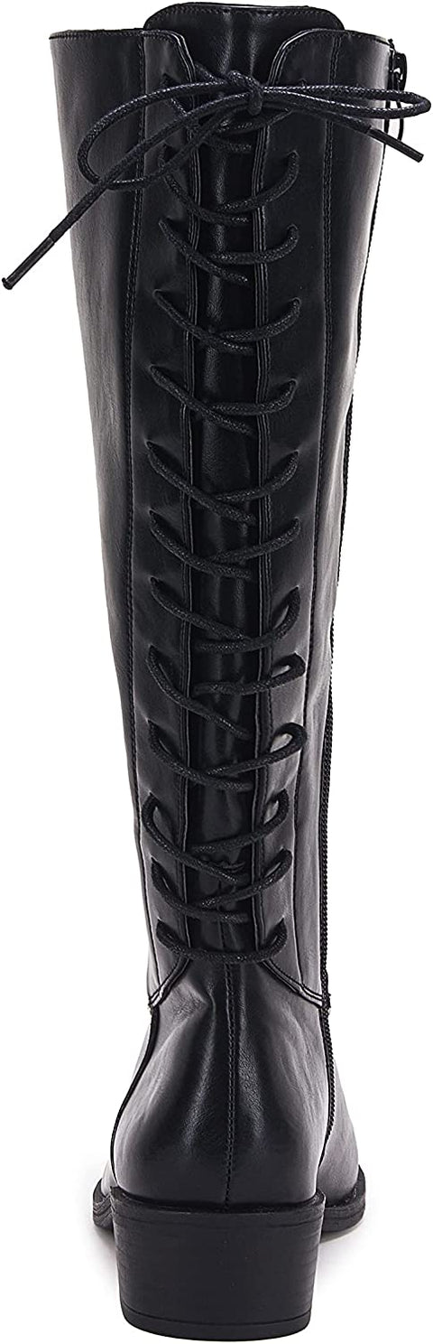 Womens Lace Up Knee High Boots Side Zipper Closed Pointed Boots Zippered Chunky Stacked Mid Heel Shoes