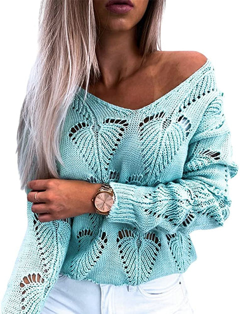 Women Leaf Hollow Crochet Sweater Knitwear V-Neck Loose Casual Long Sleeve Pullover Top