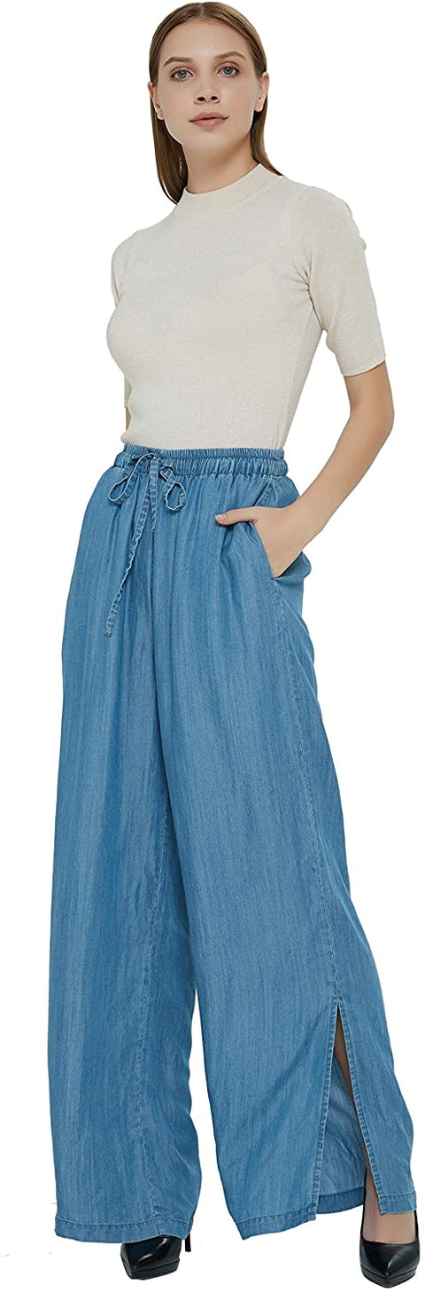 Womens Tencel Wide Leg Pants with Hem Slit and Drawstring