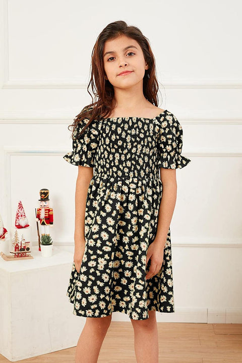GAMISOTE Girls Floral Dress Puff Sleeve Flowy Smocked A Line Ruffle Summer Sundress