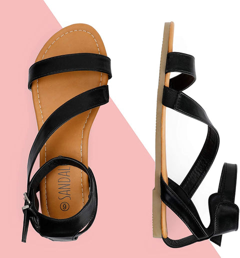 SANDALUP Flat Sandals with Oblique Band Ankle Strap for Women