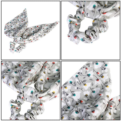 AWAYTR Chiffon Ponytail Hair Scarf Scrunchies - 4 Packs Flower Cashew Leopard Ripple Point Elastic Hair Ties Bow for Women (Gray + Green + Navy + Black)