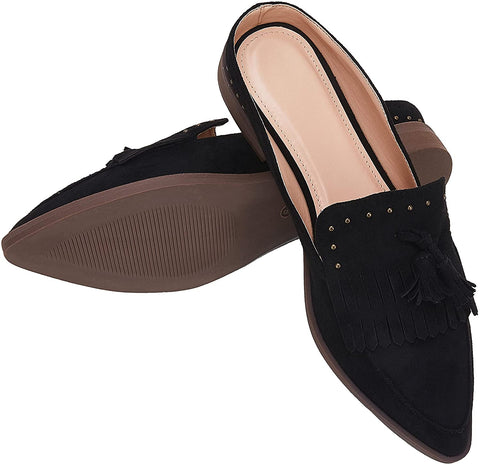Ruanyu Womens Backless Mules Sandals Flat Pointed Toe Slip On Studded Tassel Comfortable Penny Loafers