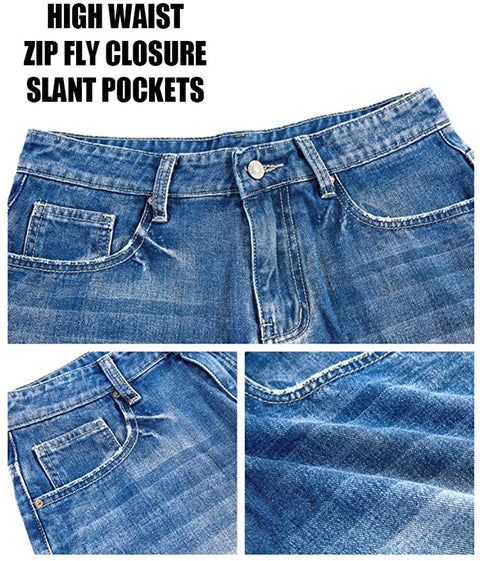 Karlywindow Women's Ripped Jean Shorts Mid Rise Stretchy Frayed Raw Folded Hem Casual Denim Shorts