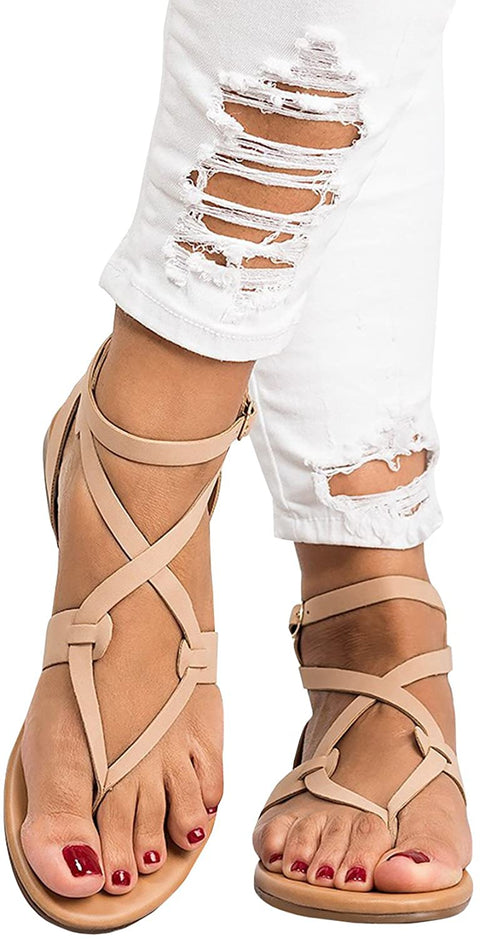 Womens Strappy Sandals Gladiator Thong Ankle Strap Summer Beach Flat Sandals