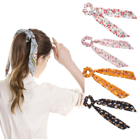 AWAYTR Chiffon Ponytail Hair Scarf Scrunchies - 4 Packs Flower Cashew Leopard Ripple Point Elastic Hair Ties Bow for Women (Floral(Yellow+White+Pink+Black))