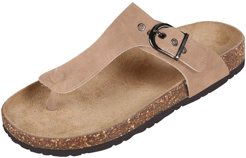 Womens Thong Sandals Slip-On Flats Adjustable T Strap Buckle Footbed Flip-Flop Cork Shoes