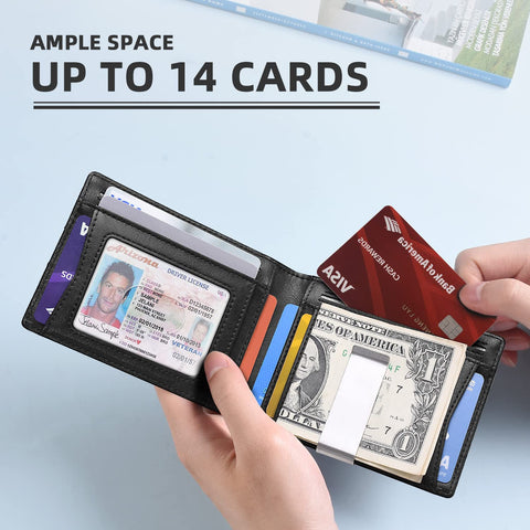 Zitahli Slim Wallet for Men, 14 Cards RFID Mens Wallet with Money Clip Front Pocket Wallet Bifold Leather Minimalist Credit Card Holder for Men with Gift Box and ID Window