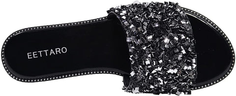 EETTARO Women's Glitter Shiny Slide Sandals Sparkle Fancy Flat Slippers Slip-on Jeweled Shoes