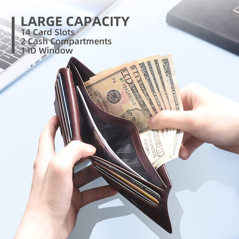 Zitahli Large Capacity Wallet for Men RFID-blocking Bifold Leather Wallets with 17 Card Pockets