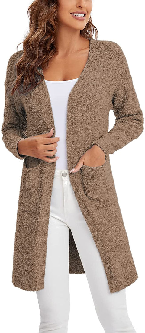 Women's Long Sleeve Chunky Open Front Sweater Cardigan Coat with Pockets