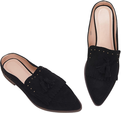 Ruanyu Womens Backless Mules Sandals Flat Pointed Toe Slip On Studded Tassel Comfortable Penny Loafers