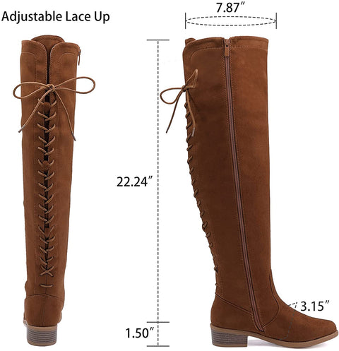 EETTARO Women's Over The Knee Boot Fashion Lace Up Tight High Boots Side Zip Block Heel Riding Booties