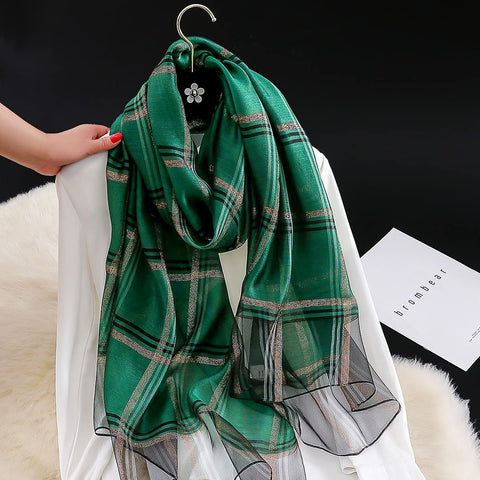 WINCESS.YU Classic Plaid Mulberry Silk Scarf for for All Season Lightweight Sunscreen Satin Shawl Wraps for Women Neckerchief