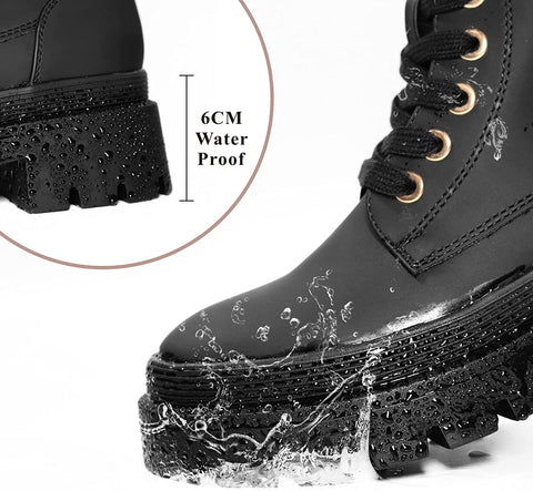 EETTARO Women's Lace Up Ankle Boots Low Heel Military Combat Booties Ladies Mid Calf Work Shoes