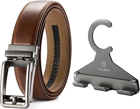 Leather Ratchet Belt and Belt Hanger with Clip - CHAOREN Bundle Set for Men