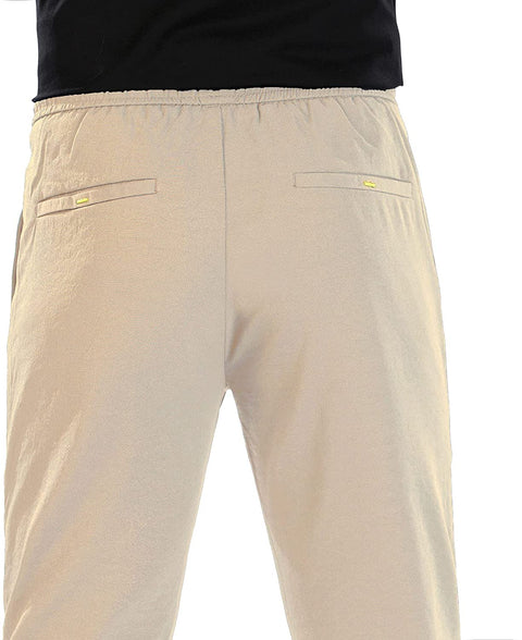 Plaid&Plain Men’s Linen Like Seersucker Pants Slim Fit Beach Pants with Drawstring