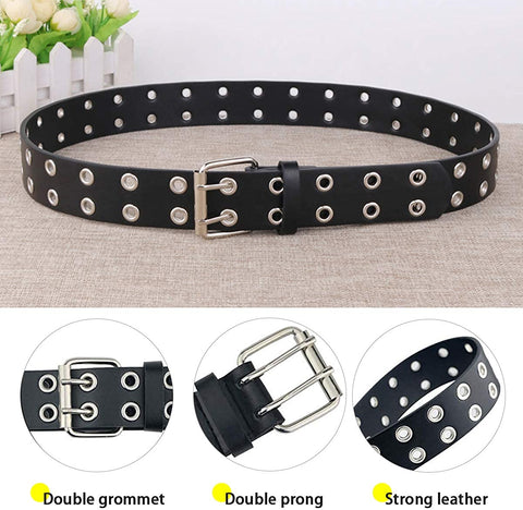 Double Grommet PU Leather Belt for Women/Men Punk metal Jean Belt Wide 1.5 Inch
