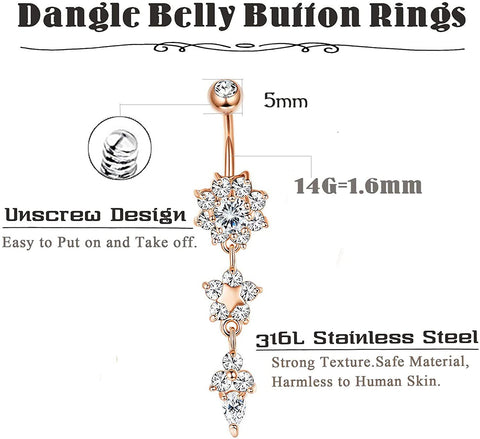 3-16 Pcs 14G Stainless Steel Dangle Belly Button Rings