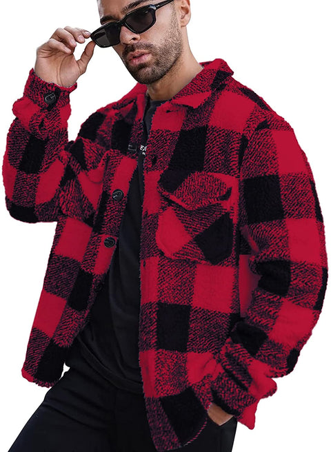 Mens Sherpa Fleece Plaid Jacket Shirt Button up Cozy Plush Shacket Loose Fit Outwear Coat