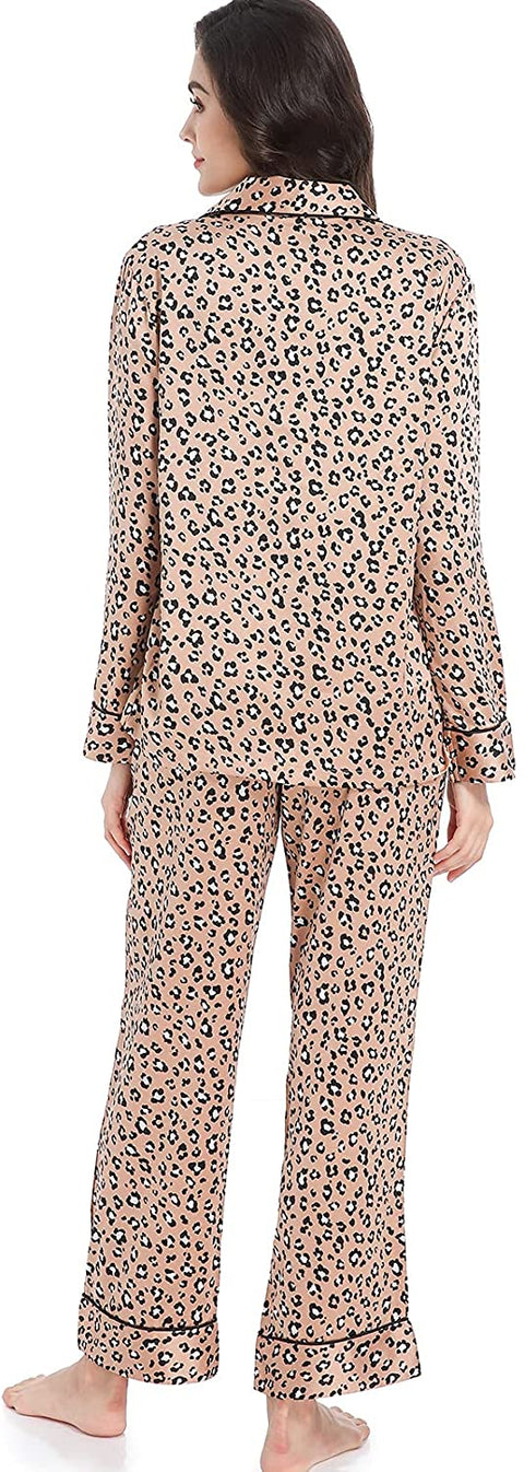 Women's Satin Pajama Set 2-Piece Sleepwear Loungewear Long Sleeve Button Down PJ Set