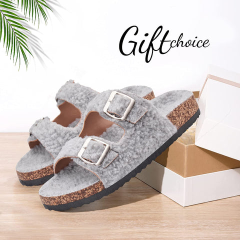 Katliu Women's Flat Slide Sandals Two Straps Buckle Slip on Slides Arch Support Cork Footbed Shearling Sandals