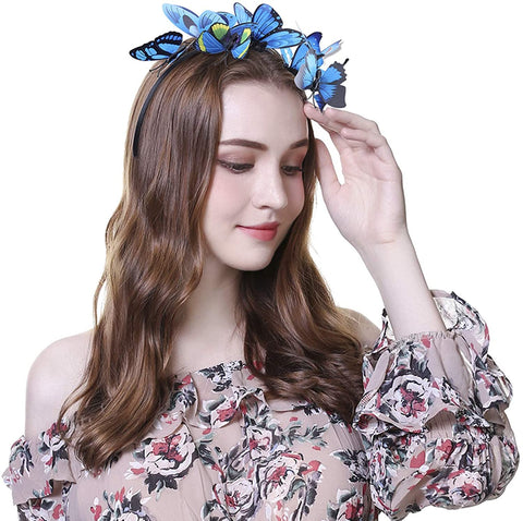 AWAYTR Girl Butterfly Fancy Fairy Headband Boho Chic Fabric Art Costume Party Tiara Crown Prop Hair Band Hoop Headband (Navy Blue-1)
