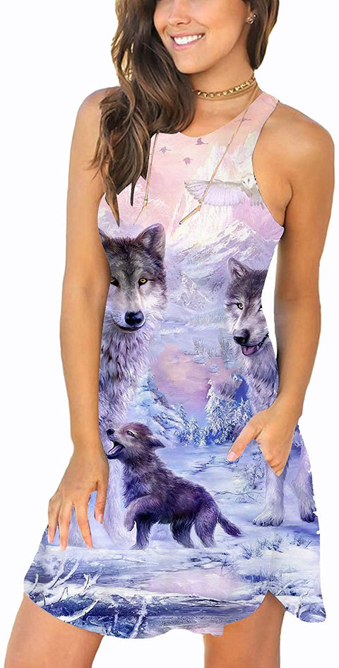 KYKU Wolf Dresses for Women T Shirt Sundress Swimsuit Cover Ups with Pockets