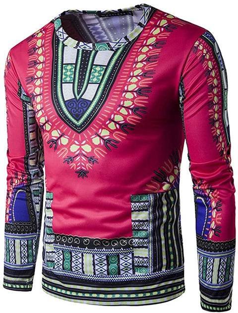 Men's Long Sleeve Causal Dashiki Blouse Slim Fit African Printed Tee Shirt