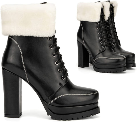 Torgeis Women’s Pearl Fashion Faux Leather Textile, Lace-Up Ankle Chunky Boots, Round Toe, Rubber Outsole