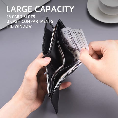 Zitahli Mens Genuine Leather Bifold Wallet Large Capacity Wallet for Men RFID-blocking with 15 Card Slots 2 Currency Pockets