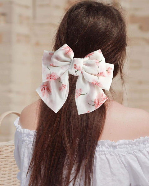 Chiffon Bow Barrettes Hair Clips - AWAYTR 2 Packs Flower Elastic Hair Bow for Women Wedding Party (White+Pink)