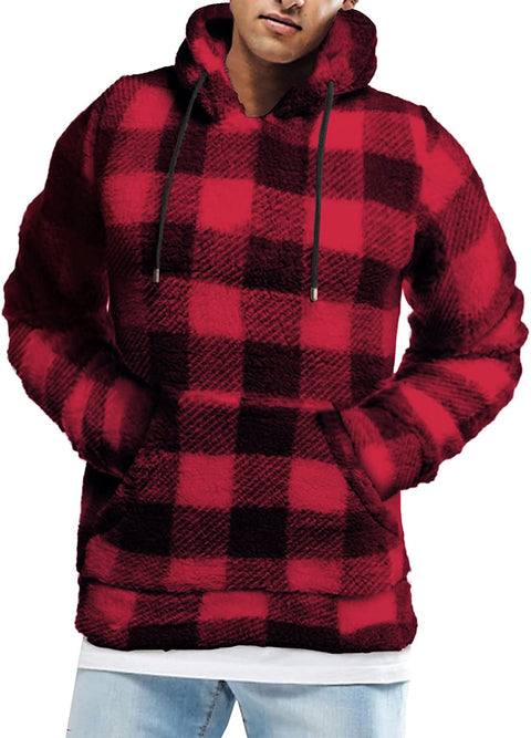 Mens Plaid Flannel Pullover Hoodies Long Sleeves Fuzzy Sherpa Fleece Drawstring Closure Hooded with Kangaroo Pockets