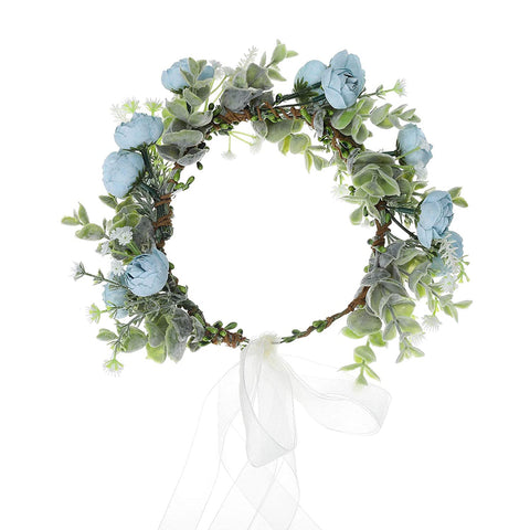 Flower Crown Headband Hair Garland - Bohemian Flower Headdress Hair Wreath Adjustable Halo Floral Headpiece for Women Girls Wedding Festival (Blue #1)