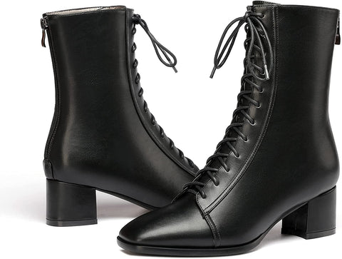 WAYDERNS Women's Square Toe Lace Up Matte Zipper Chunky Low Heel Ankle High Boots Short Booties 2 Inch