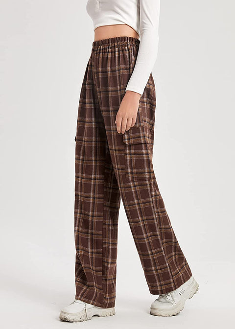 Womens Plaid Casual Pants High Elastic Waist Stripe Lightweight Trousers with Two Flap Pockets