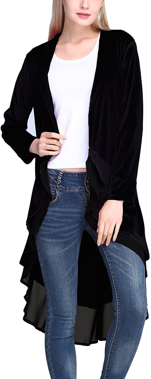 Women's Fashion Open Front Velvet Cardigan Coat with Asymmetric Chiffon Hem