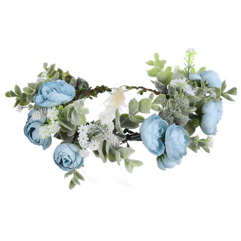 Flower Crown Headband Hair Garland - Bohemian Flower Headdress Hair Wreath Adjustable Halo Floral Headpiece for Women Girls Wedding Festival (Blue #1)