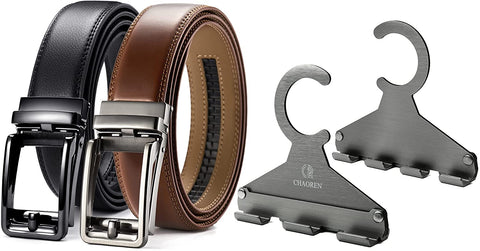 Leather Ratchet Belt and Belt Hanger with Clip - CHAOREN Bundle Set for Men