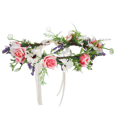 Leaf Flower Crown Garland Headpiece - Handmade Hair Garland Floral Wreath Adjusatble Flower Headbands for Bridal Wedding Festival Party Flower Leaves Crown (Pink + White)