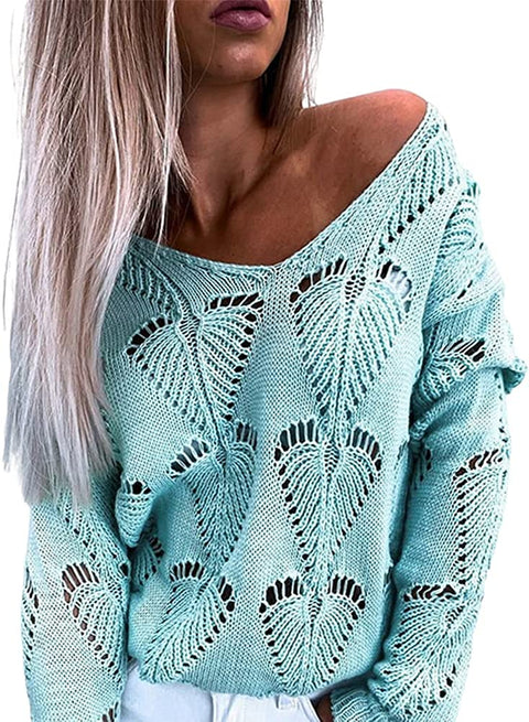Women Leaf Hollow Crochet Sweater Knitwear V-Neck Loose Casual Long Sleeve Pullover Top